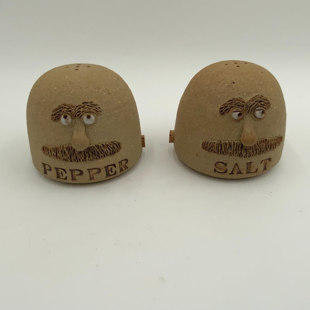 1981 Signed Marion Schlauch Salt & Pepper Shakers Stoneware Men with Mustaches